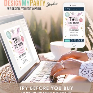 May include: A digital invitation for a second birthday party with a space theme. The invitation features a pink and blue watercolor moon with stars and planets. The text reads "Two the Moon Stella's 2nd Birthday".