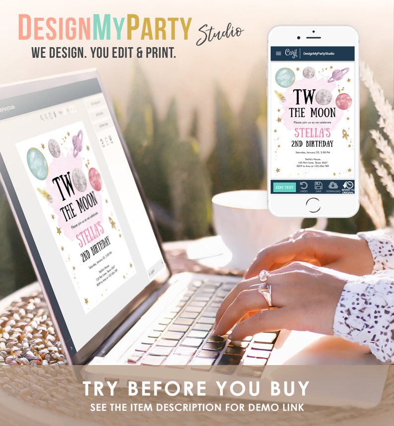 May include: A digital invitation for a second birthday party with a space theme. The invitation features a pink and blue watercolor moon with stars and planets. The text reads "Two the Moon Stella's 2nd Birthday".