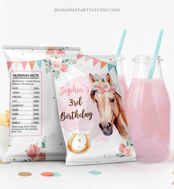 Editable Horse Birthday Chip Bag Cowgirl Party Decor Girl Pony Birthday Saddle Up Pink Floral Horse Snack Favors Digital Corjl Template 0398 Il_570xn