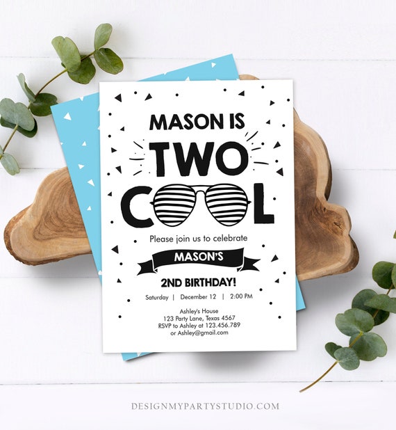 Editable Two Cool Birthday Invitation Boy Second Birthday Party 2nd I'm this Many I'm Two Cool Sunglasses Palm Printable Corjl Template 0136 Il_570xn