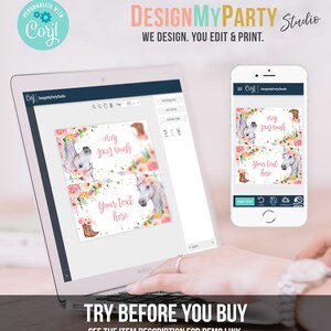 May include: A computer screen displaying a design template for a party favor tag. The tag features a watercolor illustration of a horse with flowers and a pink background. The text on the tag reads "Your text here".