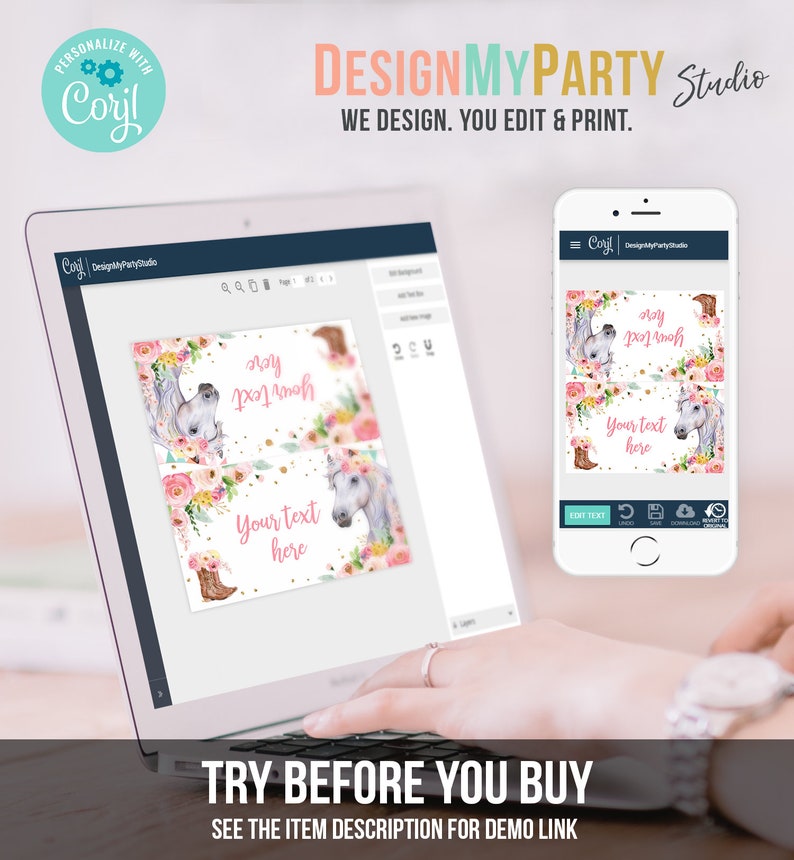May include: A computer screen displaying a design template for a party favor tag. The tag features a watercolor illustration of a horse with flowers and a pink background. The text on the tag reads "Your text here".