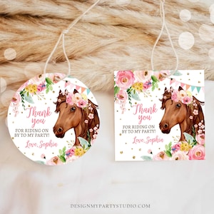Bearbeitbare Cowgirl Favor Tags Tags Pferd Geburtstag Party Favor Danke Aufkleber Mädchen Pferd Party Floral Download Vorlage DRUCKBAR Corjl 0408