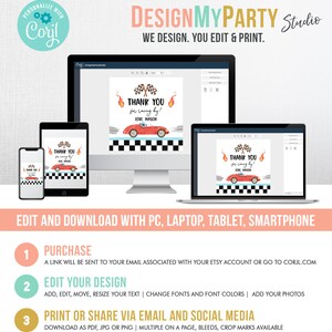 Op de afbeelding: Een digitaal ontwerptemplate voor een bedankkaart met een rood raceauto- en een geruit vlagontwerp. De tekst op de kaart luidt "Bedankt voor het racen! Liefs, Mason".