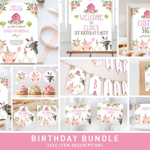 Farm Animals Birthday Invitation Bundle Girl Farm Barnyard Party Party Animals Farm Birthday Bundle First Pink Printable Corjl Template 0155