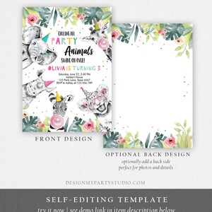 Puede incluir: Plantilla de invitaci&oacute;n editable para una fiesta de cumplea&ntilde;os infantil con tem&aacute;tica de animales de la selva. El frente de la invitaci&oacute;n presenta una ilustraci&oacute;n colorida de una cebra, una jirafa, un elefante y un leopardo con sombreros de fiesta. El texto dice "Calling all Party Animals Swing on Over! Olivia is turning 3". La parte posterior de la invitaci&oacute;n est&aacute; en blanco y se puede personalizar con fotos y detalles.