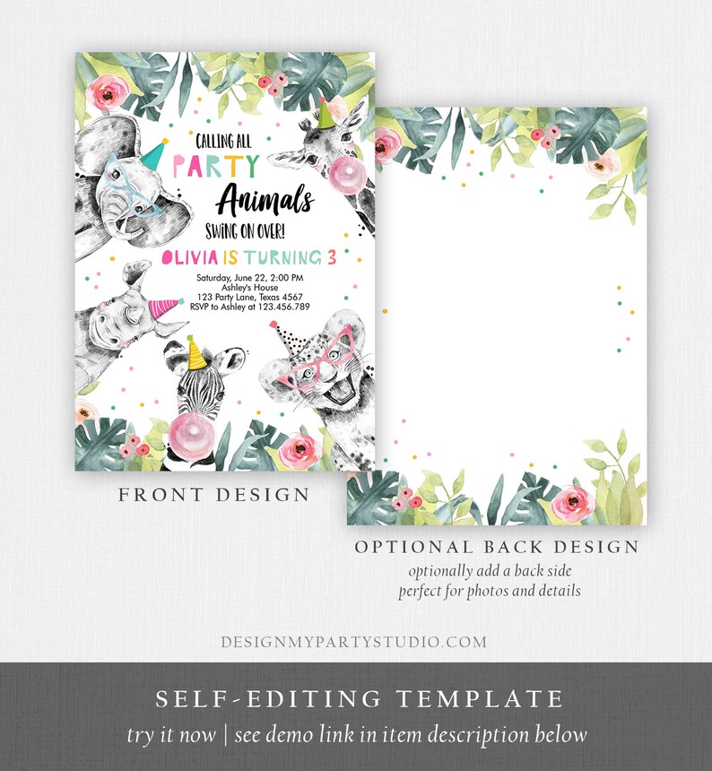 Puede incluir: Plantilla de invitaci&oacute;n editable para una fiesta de cumplea&ntilde;os infantil con tem&aacute;tica de animales de la selva. El frente de la invitaci&oacute;n presenta una ilustraci&oacute;n colorida de una cebra, una jirafa, un elefante y un leopardo con sombreros de fiesta. El texto dice "Calling all Party Animals Swing on Over! Olivia is turning 3". La parte posterior de la invitaci&oacute;n est&aacute; en blanco y se puede personalizar con fotos y detalles.
