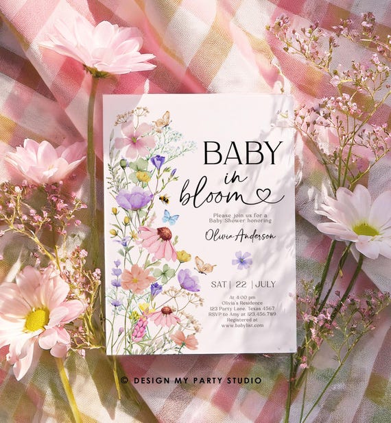Editable Baby in Bloom Invitation Wildflowers Baby Shower Spring Butterflies Wild Flower Instant Download Template Digital Printable 0543