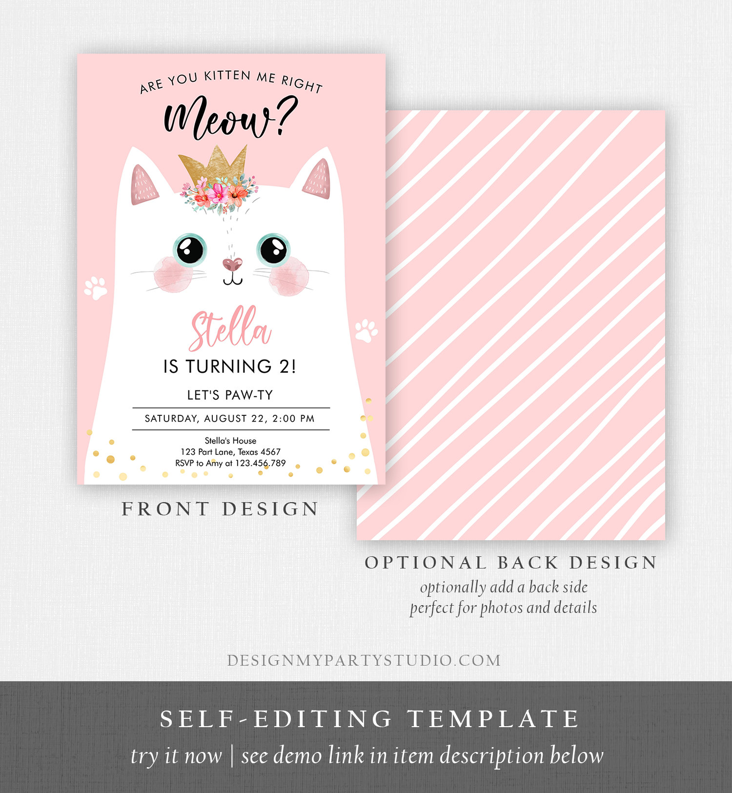 Editable Kitten Birthday Invitation Kitty Cat Birthday Party | Etsy