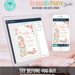 K&ouml;nnte beinhalten: Ein Laptop und ein Smartphone zeigen einen Einladungsentwurf f&uuml;r eine Muttertags-Teeparty. Das Design zeigt gestapelte Teetassen, Blumengestecke und den Text "Mother's Day Tea-Party". Das Bild enth&auml;lt den Text "TRY BEFORE YOU BUY."