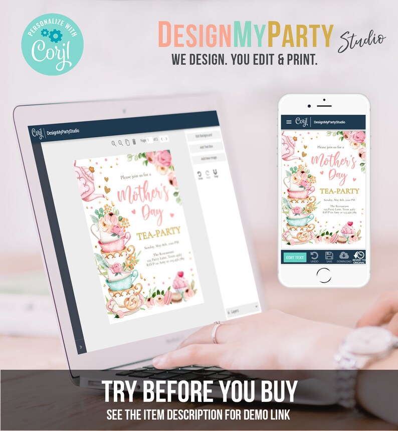 K&ouml;nnte beinhalten: Ein Laptop und ein Smartphone zeigen einen Einladungsentwurf f&uuml;r eine Muttertags-Teeparty. Das Design zeigt gestapelte Teetassen, Blumengestecke und den Text "Mother's Day Tea-Party". Das Bild enth&auml;lt den Text "TRY BEFORE YOU BUY."
