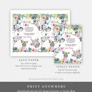 May include: Two printable thank you cards featuring a jungle animal theme. The cards feature a zebra, elephant, rhino, and lion wearing party hats and glasses. The text on the cards reads "Thank You" and includes a message thanking guests for celebrating the birthday. The cards are designed for easy home printing and can be printed on letter or A4 size paper.