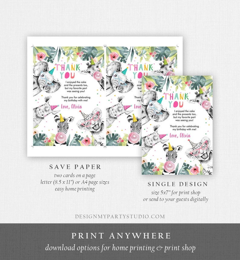 May include: Two printable thank you cards featuring a jungle animal theme. The cards feature a zebra, elephant, rhino, and lion wearing party hats and glasses. The text on the cards reads "Thank You" and includes a message thanking guests for celebrating the birthday. The cards are designed for easy home printing and can be printed on letter or A4 size paper.