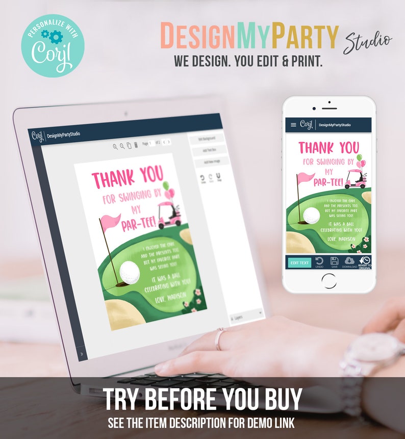 May include: A digital design for a golf-themed party invitation, displayed on a laptop and a smartphone. The design features a golf course illustration with text that reads "Thank You for Swinging by My Par-Tee!" and "Try Before You Buy."