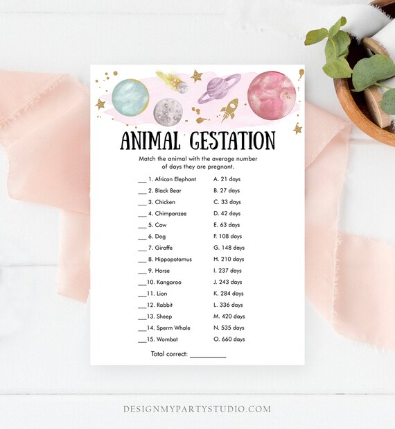 Editable Animal Gestation Baby Shower Game Card Outer Space