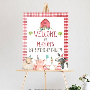 May include: Welcome to Mason's 1st Birthday Party! Red and white gingham border with a red barn and farm animals. The animals include a sheep, pig, goose, and cow.