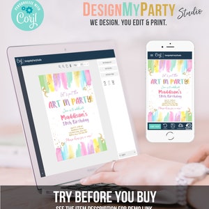 K&ouml;nnte beinhalten: Eine digitale Einladung zu einer 10. Geburtstagsfeier mit einem Aquarellhintergrund in Rosa-, Blau- und Gr&uuml;nt&ouml;nen. Der Text lautet "Let's put the ART in PARTY!" und "Maddison's 10th Birthday".