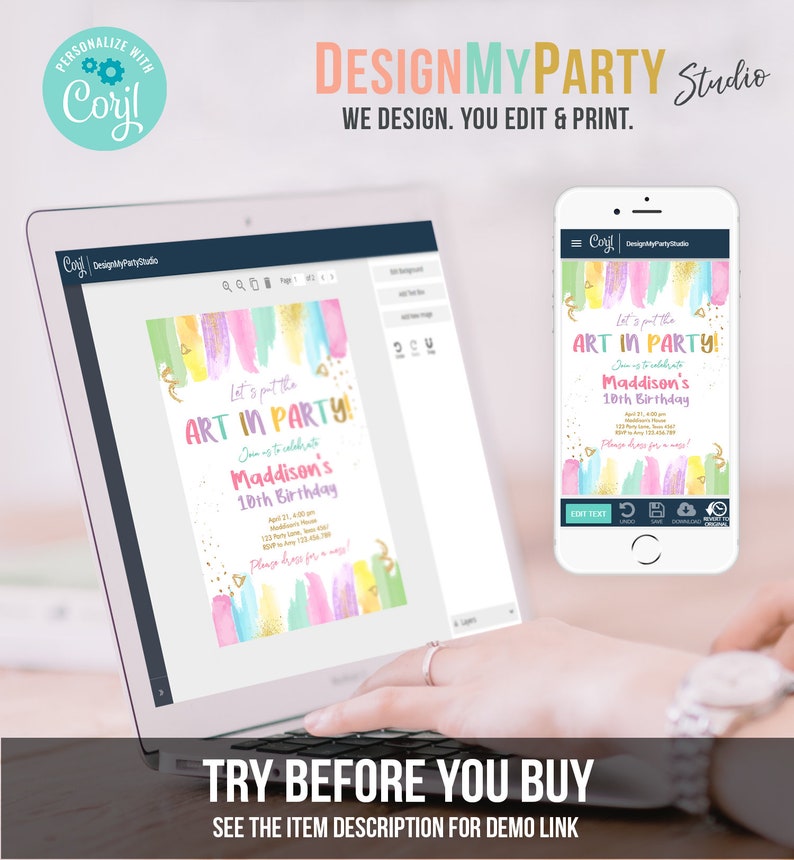 K&ouml;nnte beinhalten: Eine digitale Einladung zu einer 10. Geburtstagsfeier mit einem Aquarellhintergrund in Rosa-, Blau- und Gr&uuml;nt&ouml;nen. Der Text lautet "Let's put the ART in PARTY!" und "Maddison's 10th Birthday".