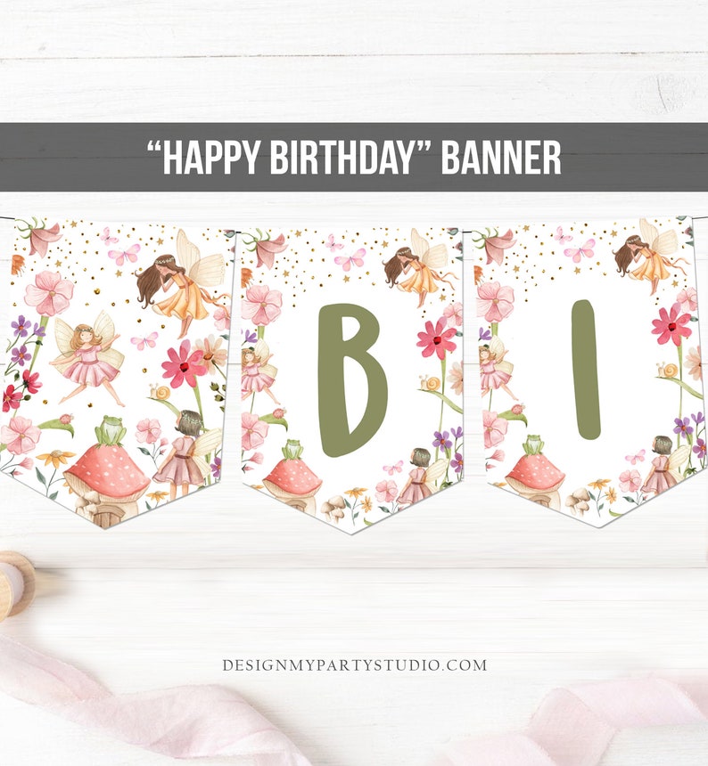 Fairy Happy Birthday Banner Birthday Girl Fairy First Birthday Decorations Fairy Garden Magical Tea Instant Download Digital Printable 0406 image 2