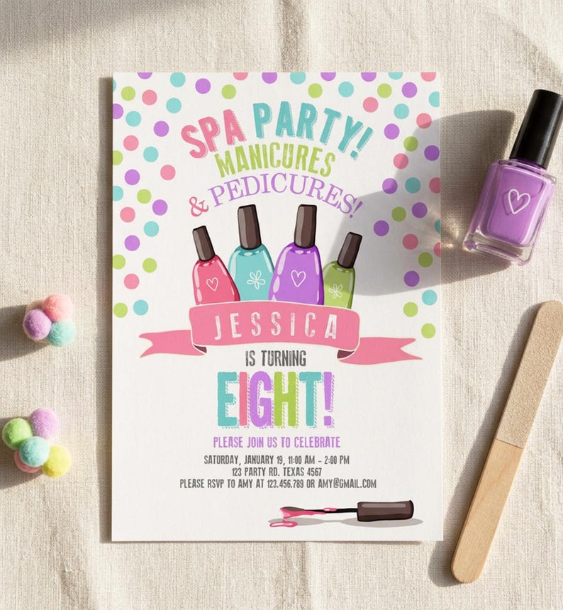 Redigerbar spa-födelsedagsinbjudan, manikyr, pedikyr, nagelsalongsfest, rosa lila flicka, direktnedladdning, utskrivbar Corjl-mall, digital 0210 bild 9