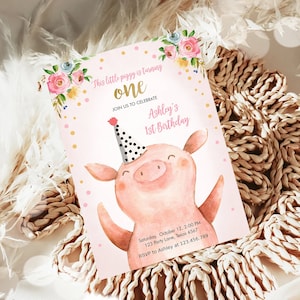 Editable Pig Birthday Invitation Girl Farm Animals Party Animals Pink Floral Barnyard Party Digital Download Corjl Template Printable 0188
