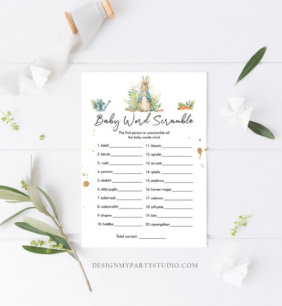 Editable Word Scramble Baby Shower Game Word Search Peter Rabbit Baby Shower Bunny Spring Watercolor Rustic Corjl Template Printable 0351 Il_570xn
