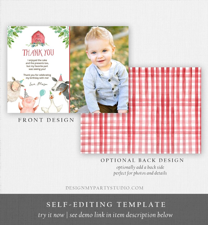 Editable Farm Animals Thank You Card Red Gingham Farm Birthday Boy ...