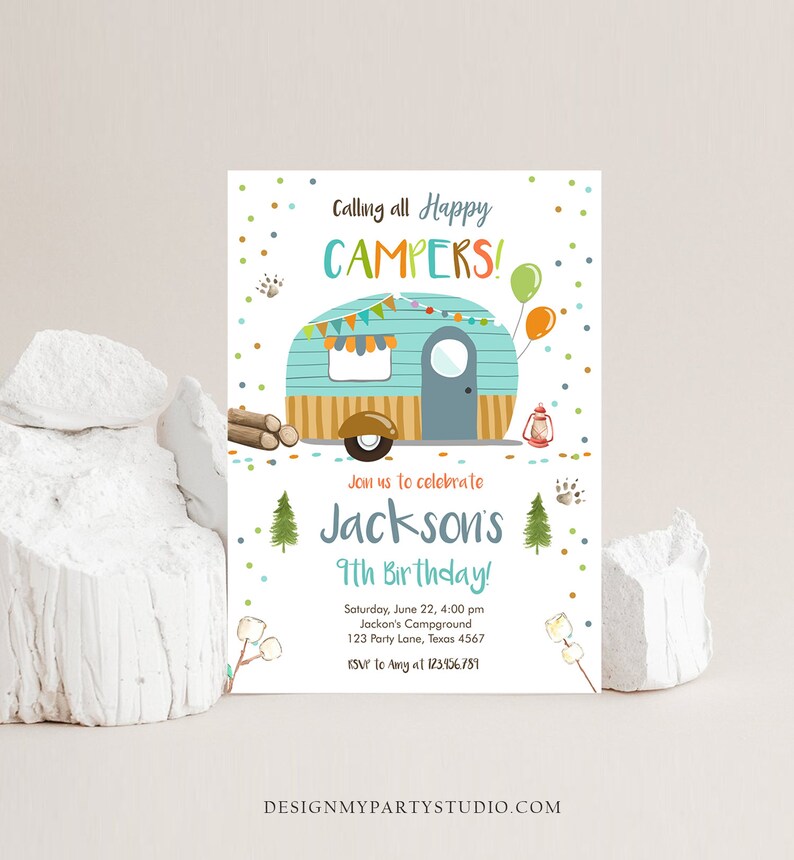 May include: A blue and brown camper van with a white roof and a yellow awning. The van has a window and a door. There are colorful flags and lights strung across the front of the van. The text "Calling all Happy Campers!" is at the top of the invitation. The text "Join us to celebrate Jackson's 9th Birthday!" is in the middle of the invitation. The text "Saturday, June 22, 4:00 pm Jackson's Campground 123 Party Lane, Texas 4567 RSVP to Amy at 123.956.789" is at the bottom of the invitation.