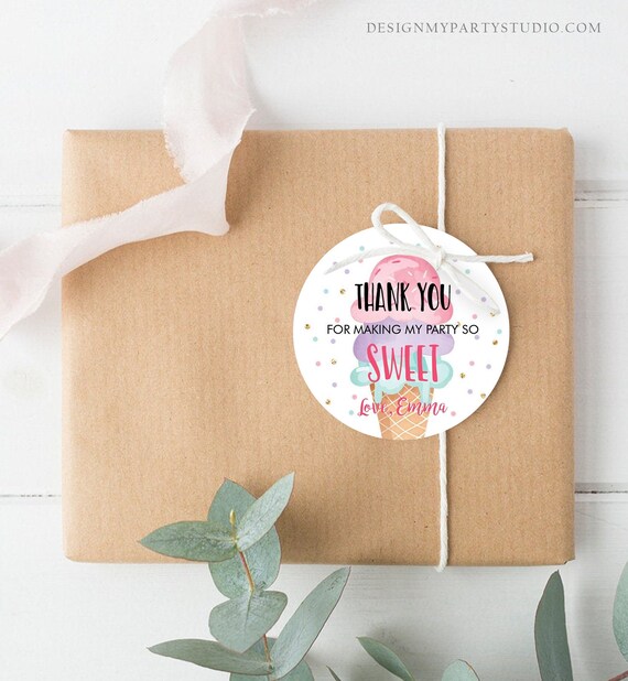 Editable Ice Cream Thank you Tags Round Ice Cream Stickers Ice Cream Birthday Girl Pink Ice Cream Social Favor Tags Template Corjl 0243 Il_570xn