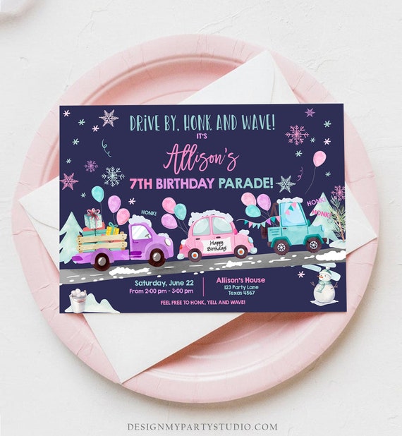 Editable Winter Drive By Birthday Invitation Parade Winter Onederland Virtual Party Invite Girl Pink Quarantine Download Digital Corjl 0333 Il_570xn