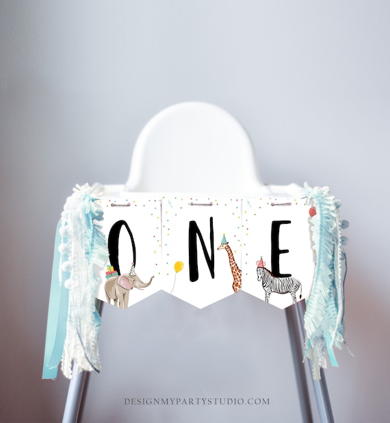High Chair ONE Birthday Banner Party Animals Safari Animals Wild One First Birthday 1st Decorations Boy Girl Zoo Download Printable 0142 Il_570xn