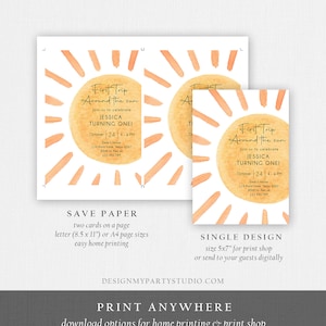 Peut inclure: Une invitation imprimable pour une f&ecirc;te de premier anniversaire avec un motif de soleil aquarelle. L'invitation indique "Premier voyage autour du soleil" et comprend le nom de l'enfant, son &acirc;ge, la date et l'heure de la f&ecirc;te. L'invitation comprend &eacute;galement le lieu et les informations de RSVP. L'invitation est disponible en deux tailles : 8,5 x 11 pouces ou 5x7 pouces.