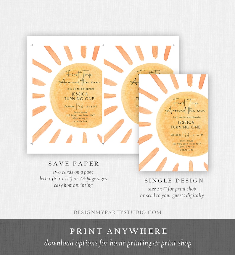 Peut inclure: Une invitation imprimable pour une f&ecirc;te de premier anniversaire avec un motif de soleil aquarelle. L'invitation indique "Premier voyage autour du soleil" et comprend le nom de l'enfant, son &acirc;ge, la date et l'heure de la f&ecirc;te. L'invitation comprend &eacute;galement le lieu et les informations de RSVP. L'invitation est disponible en deux tailles : 8,5 x 11 pouces ou 5x7 pouces.