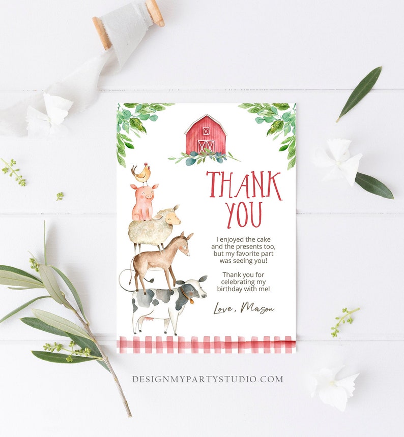 Editable Farm Animals Thank You Card Red Gingham Farm Birthday - Etsy