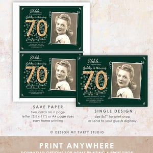 Peut inclure: Deux invitations imprimables de 12,7 x 17,8 cm pour une f&ecirc;te d'anniversaire de 70 ans. Les invitations pr&eacute;sentent un fond vert avec des confettis de paillettes dor&eacute;es et le chiffre 70. Le texte sur l'invitation se lit comme suit : "Chut... C'est une f&ecirc;te surprise ! Ashley a 70 ans. Rejoignez-nous pour c&eacute;l&eacute;brer Samedi 12 d&eacute;cembre, 14h00 123 Parry Lane, Texas 4567 RSVP &agrave; Ashley@email.com".