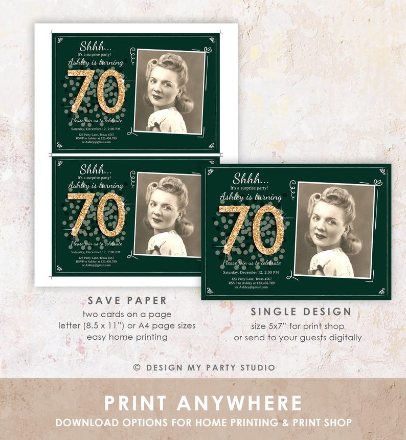 Peut inclure: Deux invitations imprimables de 12,7 x 17,8 cm pour une f&ecirc;te d'anniversaire de 70 ans. Les invitations pr&eacute;sentent un fond vert avec des confettis de paillettes dor&eacute;es et le chiffre 70. Le texte sur l'invitation se lit comme suit : "Chut... C'est une f&ecirc;te surprise ! Ashley a 70 ans. Rejoignez-nous pour c&eacute;l&eacute;brer Samedi 12 d&eacute;cembre, 14h00 123 Parry Lane, Texas 4567 RSVP &agrave; Ashley@email.com".