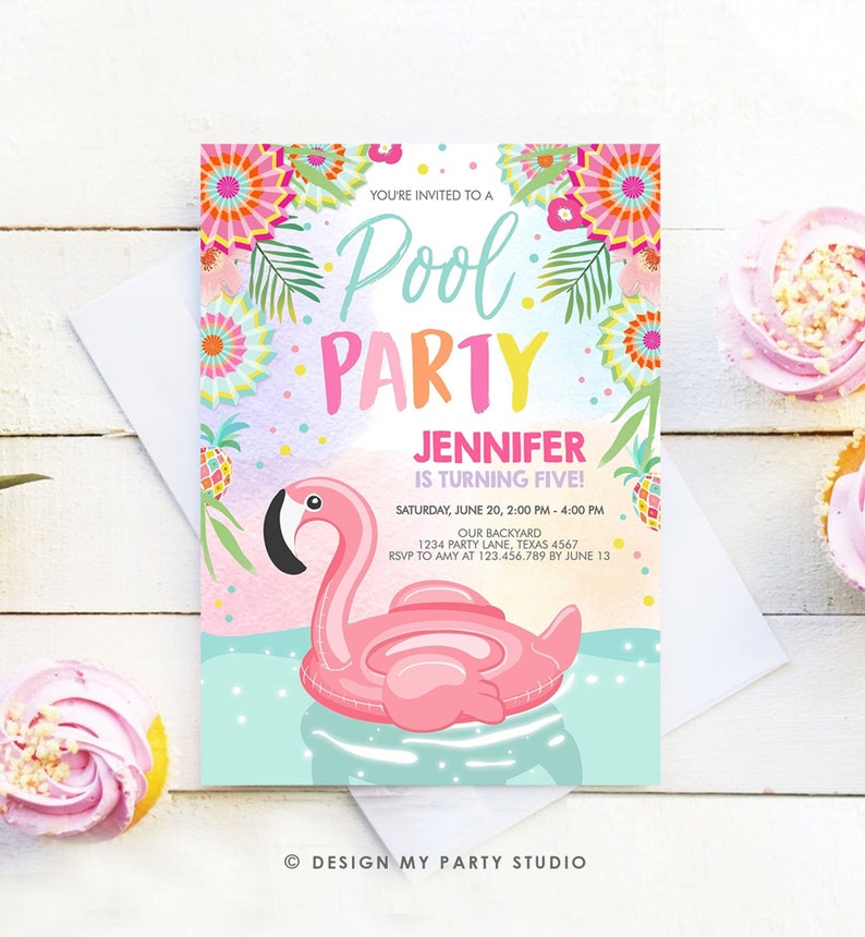 Editable Pool Party Invitation Flamingo Pool Party Birthday Invite Splish Splash Swimming Summer Download Printable Template Corjl 0240 image 1