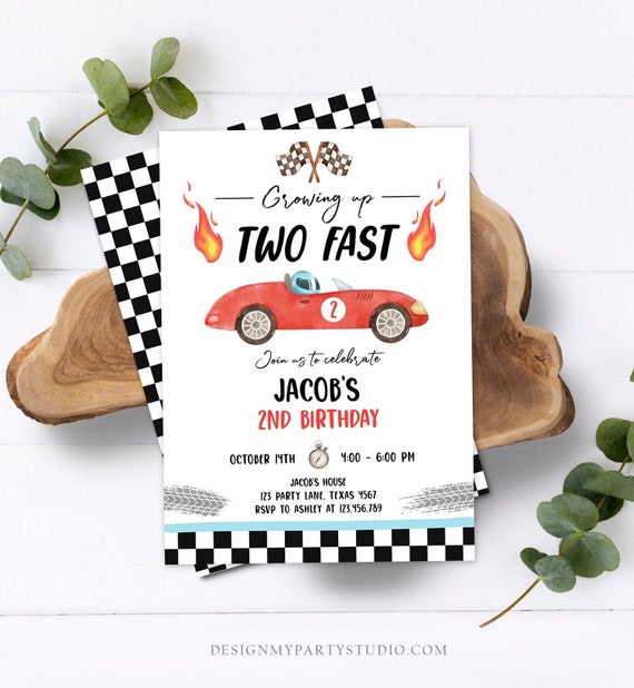 Editable Racing Car Birthday Invitation Growing Up Two Fast Invite Second Birthday 2nd Boy Digital Download Template Printable 0424