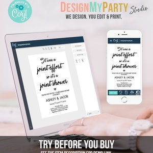 May include: A computer screen displaying a baby shower invitation template with the text "It was a joint effort so it's a joint shower." The invitation is for a couples baby shower honoring Ashley & Jacob. The screen is on a white desk with a hand hovering over the keyboard.
