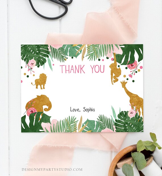 Editable Safari Animals Thank You Card Wild One Thank You Note Pink Gold Girl Jungle Wild Animals Printable Corjl Template Digital 0016 Il_570xn