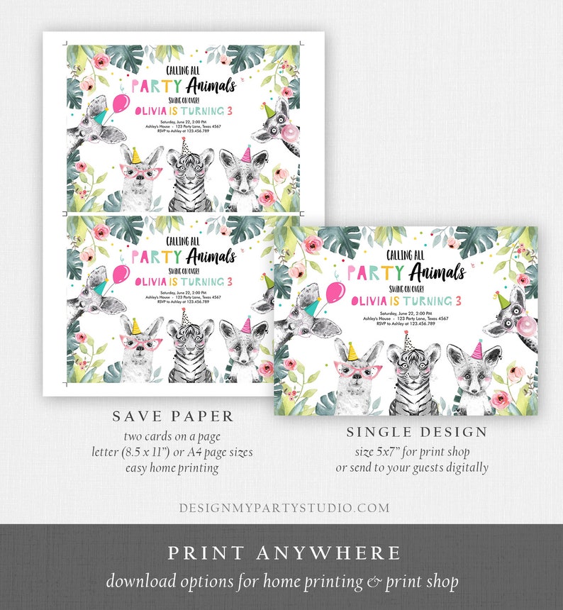 Editable Party Animals Birthday Invitation Exotic Wild Animals Invitation Zoo Safari Animals Girl Download Printable Template Corjl 0322 image 6