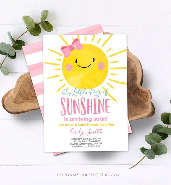 Editable A Ray of Sunshine Baby Shower Invitation Little Sunshine Pink Girl Bow Baby Girl Template Instant Download Digital Corjl 0141 Il_570xn