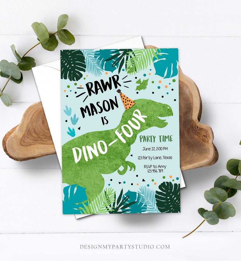Editable DinoFour Dinosaur Birthday Invitation Dino TRex 4th Birthday Fourth Rawr Boy Green Blue Prehistoric Printable Corjl