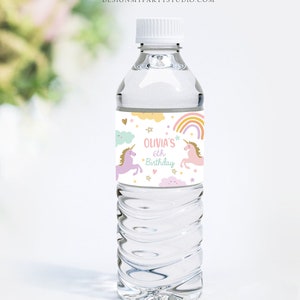 May include: Water bottle label with a rainbow, clouds, and two unicorns. The label says "Olivia's 6th Birthday".