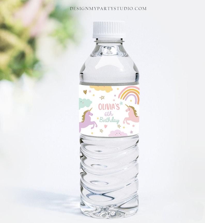 May include: Water bottle label with a rainbow, clouds, and two unicorns. The label says "Olivia's 6th Birthday".
