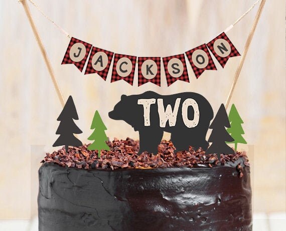 Lumberjack Cake Topper Second Birthday Lumberjack Party Name Two 2nd Banner Buffalo Plaid Bear Woodland Party Decor PRINTABLE Digital 0026 Il_570xn