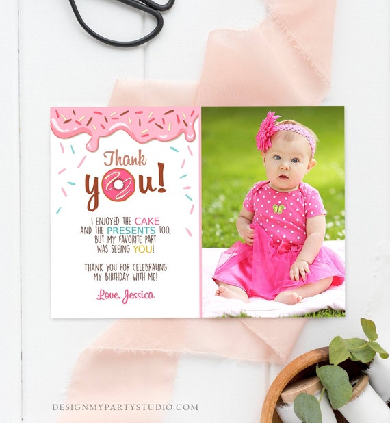 Donut Thank you Card Donut Birthday Girl Doughnut Pink Donut Party Editable Thank You Card Birthday Template Instant Download Templett 0050