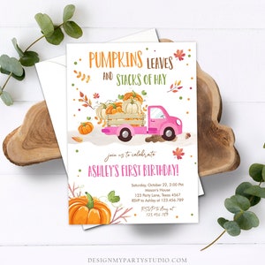 Editable Pumpkin Birthday Invitation Girls Fall Girl Pumpkin Truck Birthday Party Pink Orange Download Evite Template Corjl Printable 0153