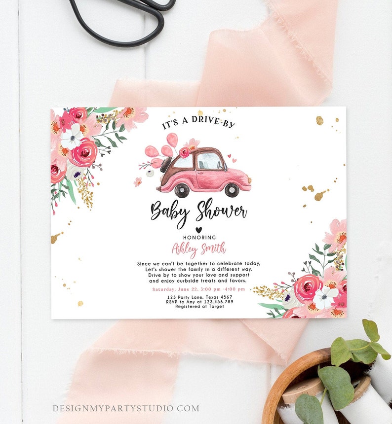 Editable Drive By Baby Shower Invitation Pink Girl Baby Shower Etsy