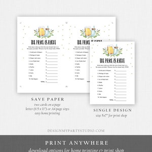 May include: Two printable game cards for a baby shower game called "The Price is Right". The cards are white with green and brown accents. The cards feature a watercolor illustration of a beer bottle and a jar of baby lotion. The cards have a list of baby items and a space to write down the price of each item.